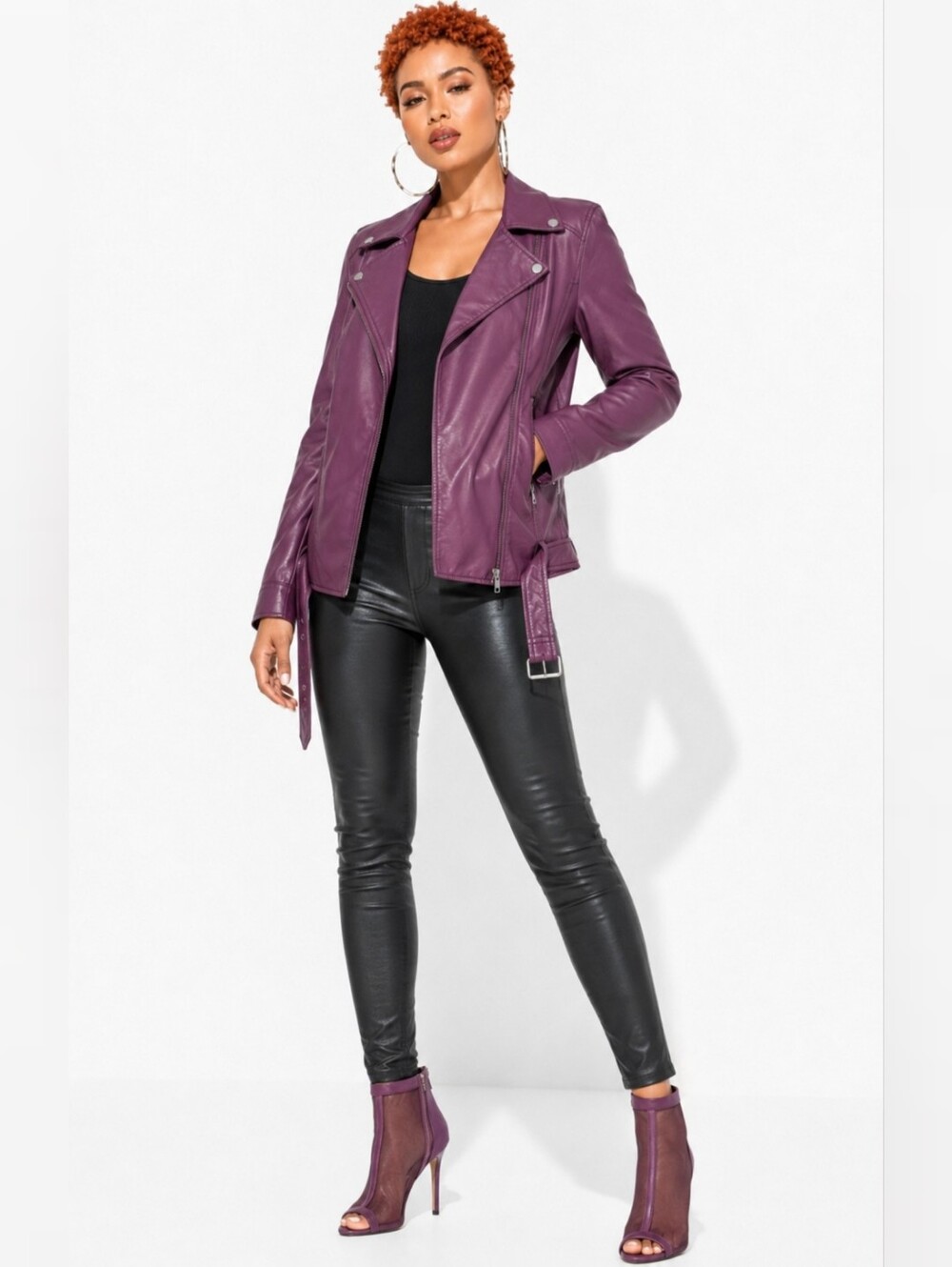 JustFab Faux Leather Moto Belted Biker Jacket